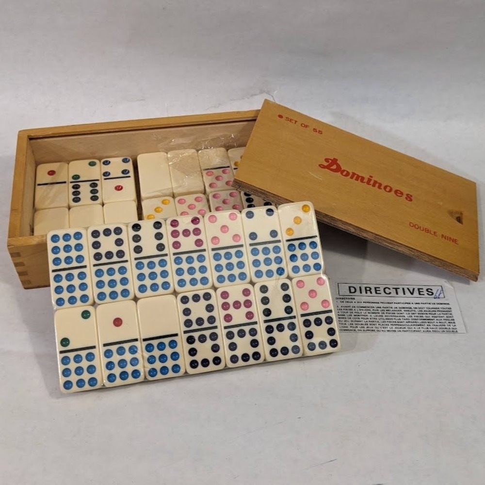 Vintage Double Nine Dominoes Set 55 Color Coded Tiles Wood Box Sliding Lid NOB